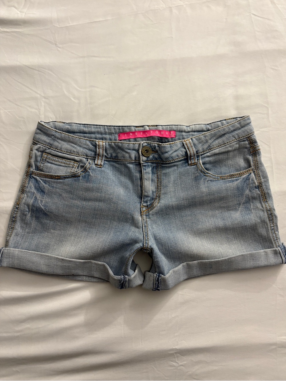 Tinseltown Light Wash Low Rise Mini Denim Shorts Y2K Embroidered Pocket